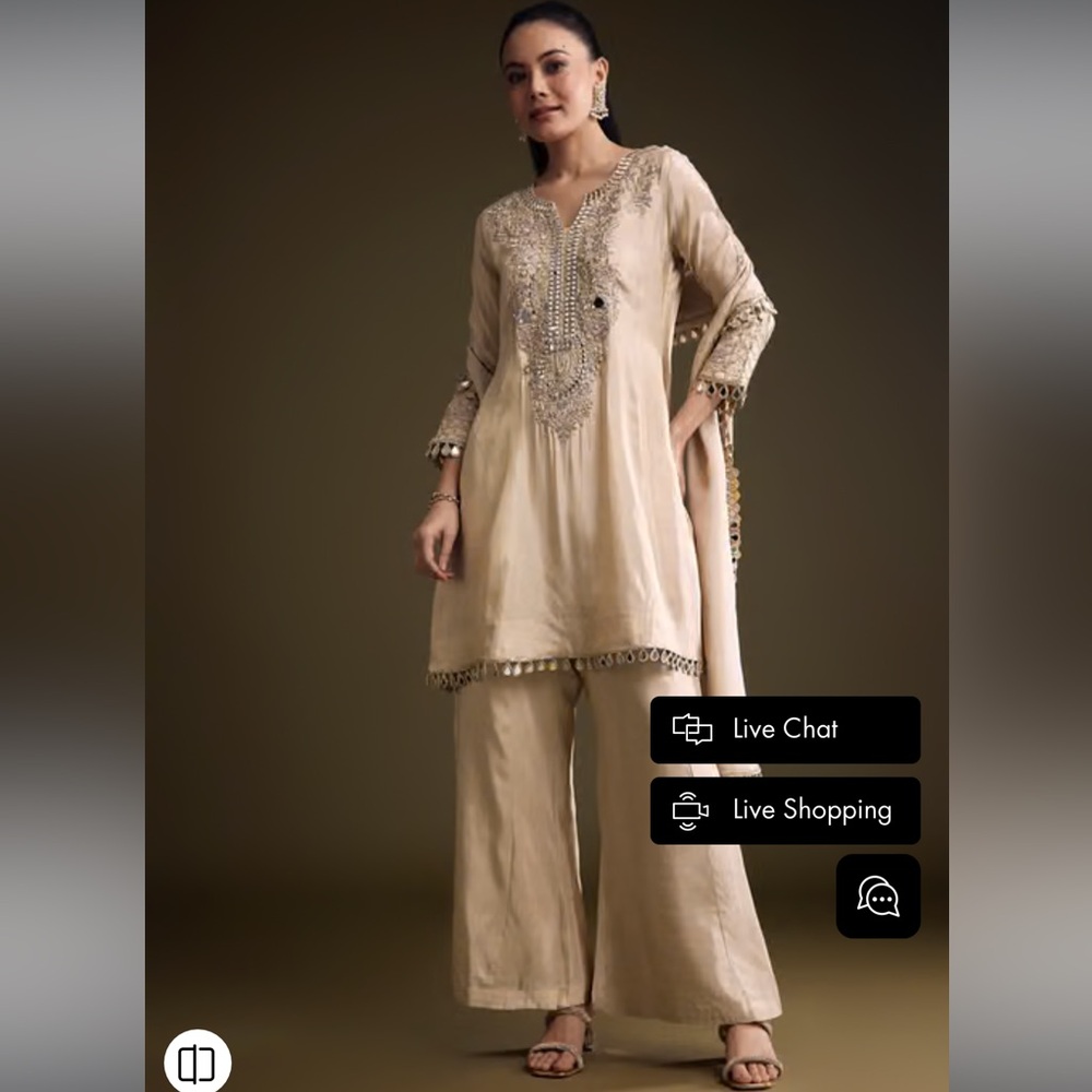 Beige Tissue Palazzo Suit With Mirror And Zari Embroidery